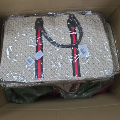 APPROXIMATELY 15 ASSORTED CLOTHING ITEMS IN VARIOUS SIZES, STYLES & COLOURS TO INCLUDE HANDBAGS, JACKETS, SWEATERS, ETC - COLLECTION ONLY