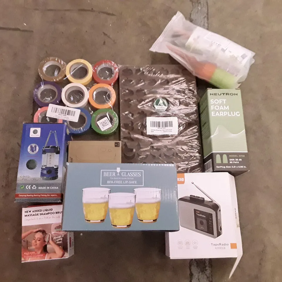 PALLET CONTAING 6 BOXES OF ASSORTED PRODUCTS INCLUDING ELETRICAL TAPE, TAPE RADIO, BEER GLASSES, EARPLUGS, GUMMY MOLDS, LED NIGHT LIGHT