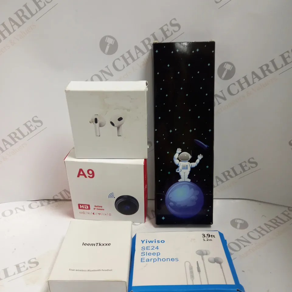 BAG TO CONTAIN 5 X ASSORTED PRODUCTS. INCLUDES EARPHONES & BATTERY IP CAMERA ETC 