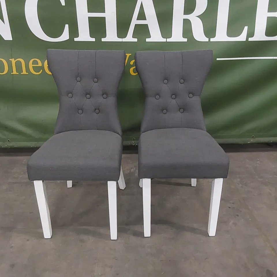 SET OF 2 BEWLEY SLATE FABRIC BUTTON BACK DINING CHAIRS WITH WHITE LEGS 