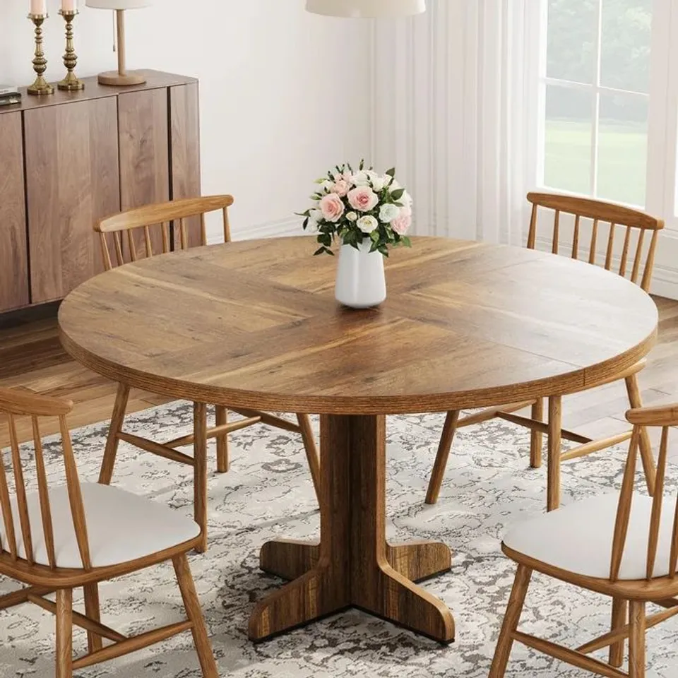 BOXED GARVEE ROUND DINING TABLE FARMHOUSE CIRCLE KITCHEN TABLE WITH WOOD TABLETOP, STABLE BASE, BROWN FOR HOME DINING ROOM LIVING ROOM