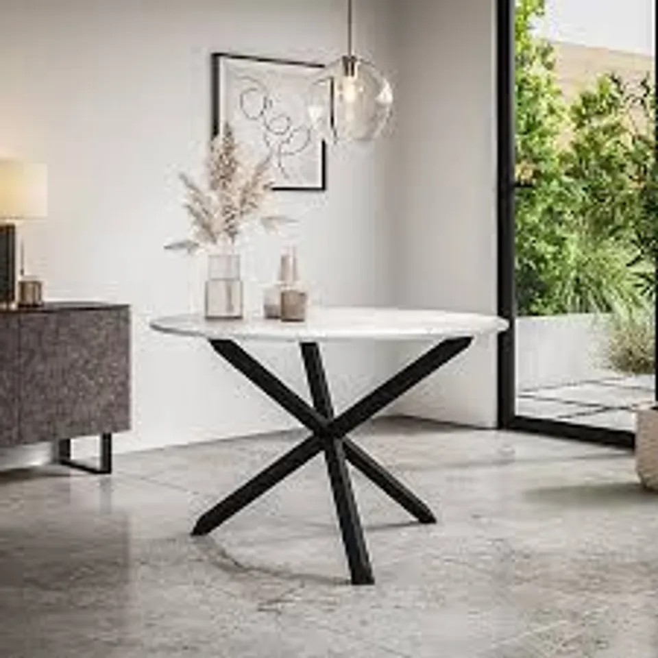 BOXED MALVERN ROUND TOP MARBLE-EFFECT DINING TABLE WITH BLACK LEGS (2 BOXES)