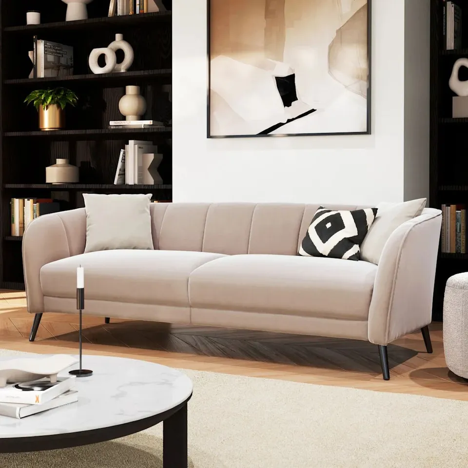 BOXED LOREN 3 SEATER SOFA, BEIGE CLASSIC PLUSH VELVET (1 BOX)