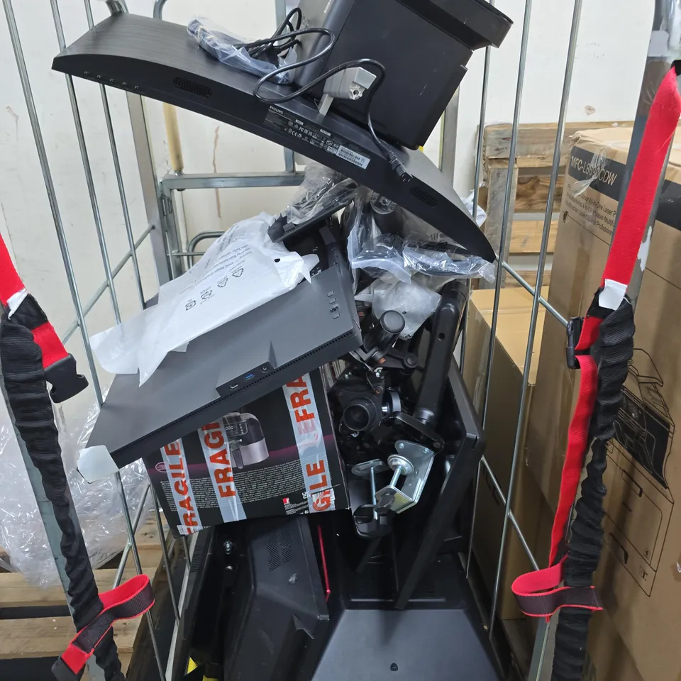 CAGE OF ASSORTED MONITORS AND STANDS 