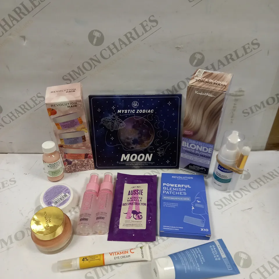 BOX OF APPROXIMATELY 20 ASSORTED HEALTH & BEAUTY PRODUCTS TO INCLUDE MYSTIC ZODIAC MOON SHADOW PALETTE, REVOLUTION BLEMISH PATCHES, GARNIER EYE CREAM ETC 