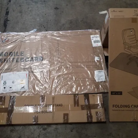 PALLET CONTAINING ASSORTED PRODUCTS INCLUDING MOBILE WHITEBOARD, DOUBLE SIDE SIGN STAND, FOLDING CHAIR MAT, LED CEILING FAN