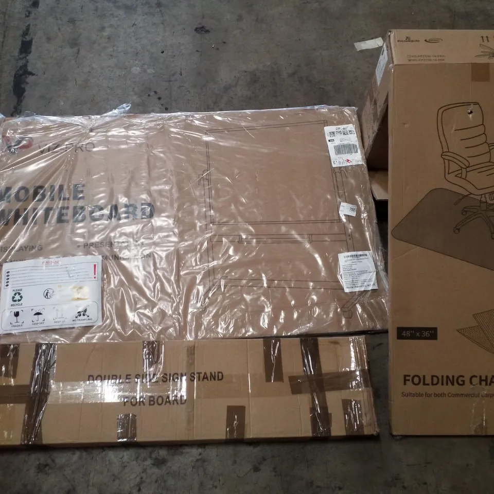 PALLET CONTAINING ASSORTED PRODUCTS INCLUDING MOBILE WHITEBOARD, DOUBLE SIDE SIGN STAND, FOLDING CHAIR MAT, LED CEILING FAN