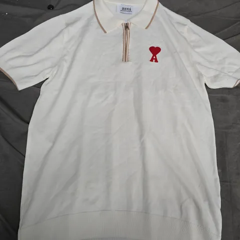 AMI ALEXANDRE MATTIUSSI WHITE POLO SHIRT WITH HEART LOGO, SIZE M