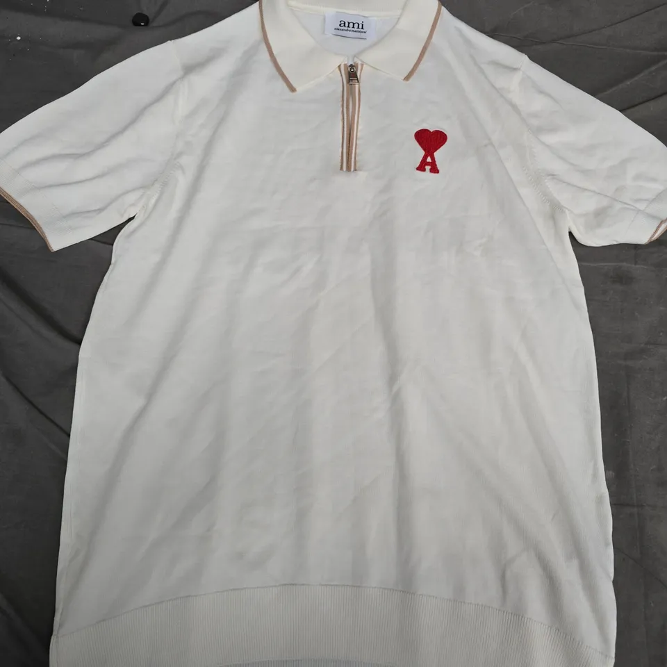 AMI ALEXANDRE MATTIUSSI WHITE POLO SHIRT WITH HEART LOGO, SIZE M
