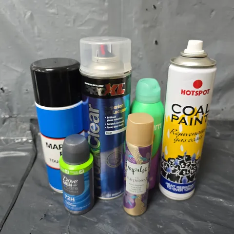 APPROXIMATELY 10 ASSORTED AEROSOLS TO INCLUDE DOVE SPRAY ,  SPRAY PAINT , ETC 