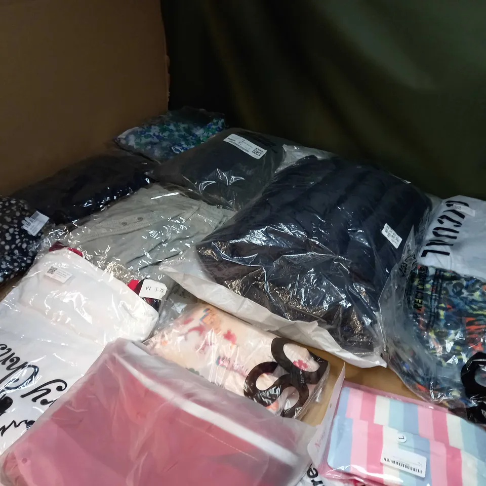 LOT OF APPROX 25 ASSORTED CLOTHING ITEMS VARYING IN SIZE/COLOUR/STYLE TO INCLUDE: TROUSERS, TOPS, DRESSES