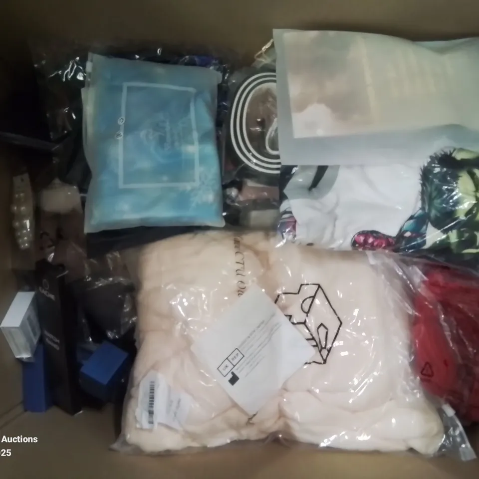 BOX CONTAINING VARIOUS BAGGED CLOTHING ITEMS AND MIXED DRESS UP/COSTUME JEWELLERY IN SILVER AND SILVER PLATE ECT.