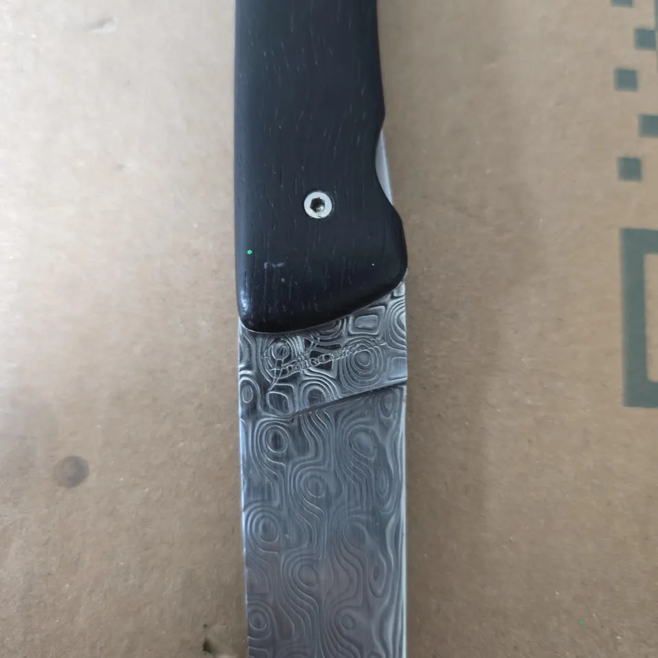 PERCEVAL DAMASCUS FOLDING KNIFE WITH PATTERNED BLADE AND BLACK HANDLE