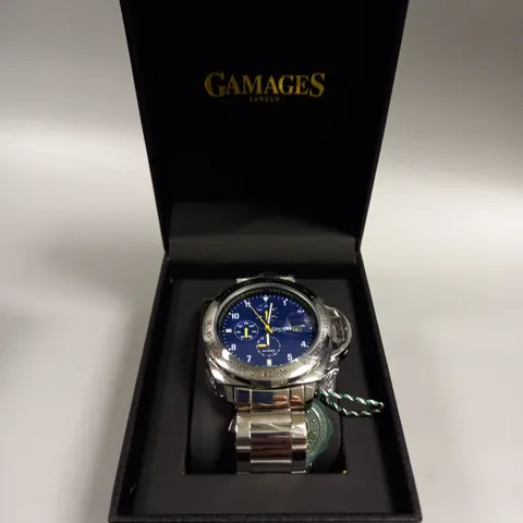 BOXED GAMAGES MOMENTUM STEEL BLUE DIAL WATCH 