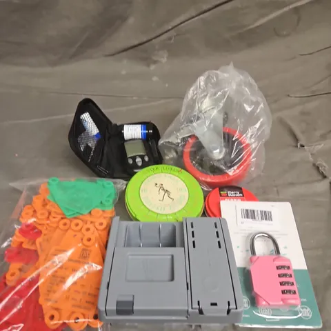 TOTE OF APPROXIMATELY 10 ASSORTED HOUSEHOLD ITEM TO INCLUDE PADLOCK, CHERRY BLOSSOM AND DISPENSER