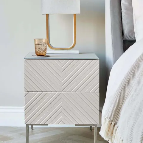 BOXED DANETTI NOAH STONE 2 DRAWER BEDSIDE TABLE