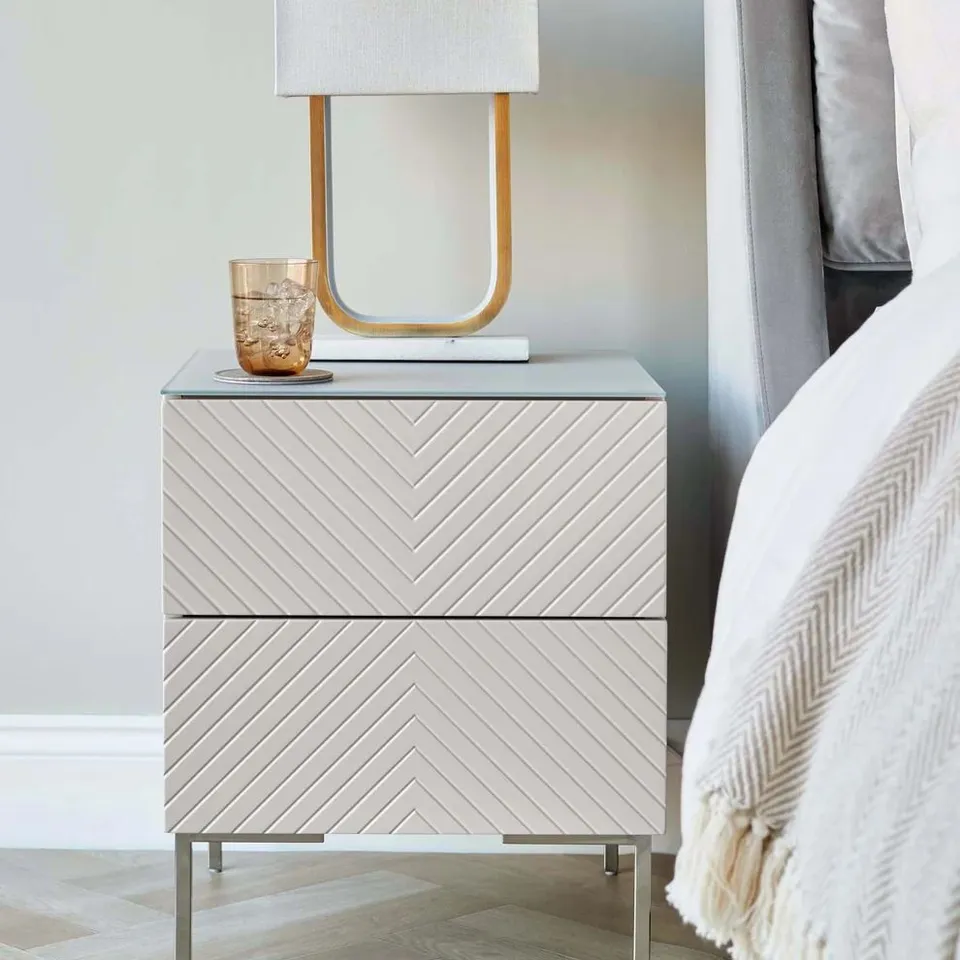 BOXED DANETTI NOAH STONE 2 DRAWER BEDSIDE TABLE