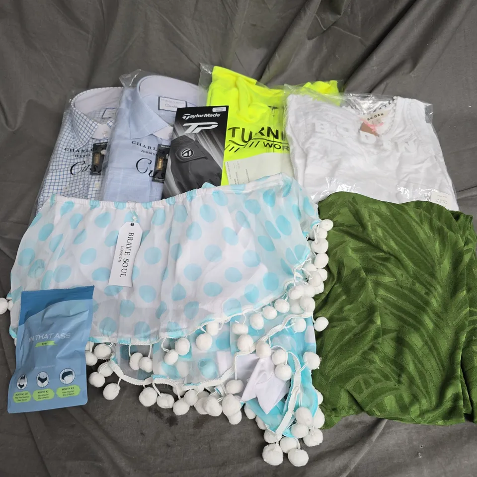 BOX OF APPROXIMATELY 20 ASSORTED CLOTHING ITEMS TO INCLUDE - SHIRTS, GOLF GLOVE, DRESS, ETC