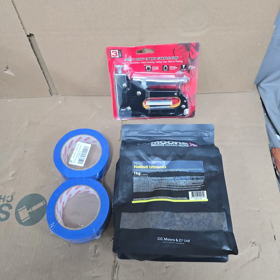 APPROXIMATELY 15 ASSORTED HOUSEHOLD PRODUCTS TO INCLUDE STAPLE GUN, HALIBUT FOOD PELLETS, PAINTERS TAPE ETC 