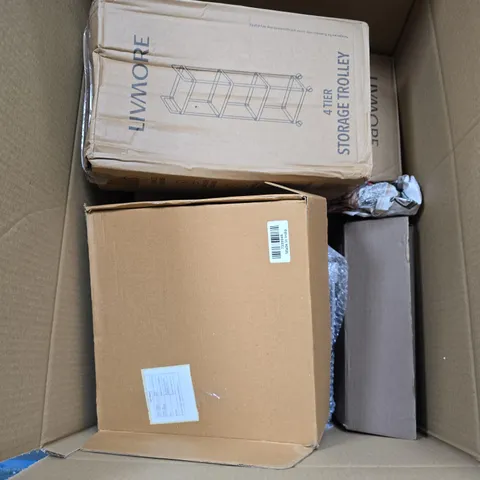 BOX OF APPROXIMATELY 10 ASSORTED ITEMS INCLUDING LIVMORE STORAGE TROLLEY AND MULTIFUNCTION LIGHT