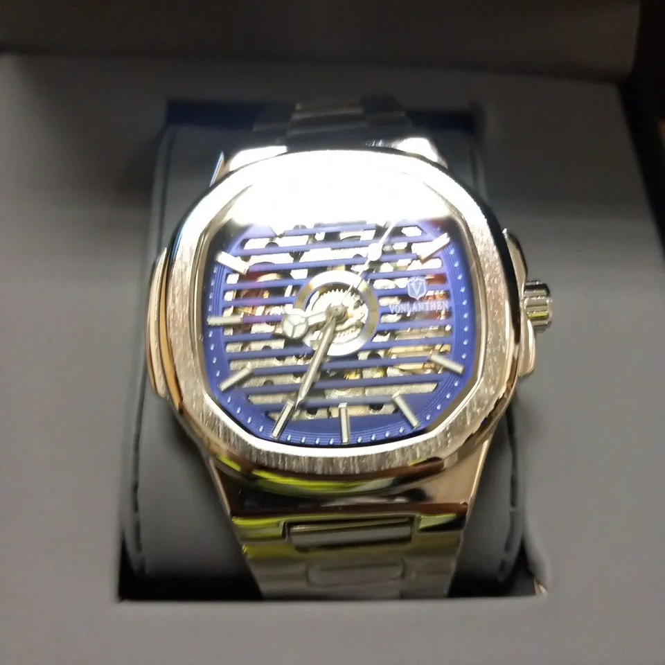 MENS VONLANTHEN AUTOMATIC WATCH – SKELETON DIAL – STAINLESS STEEL STRAP – GLASS EXHIBITION BACK CASE – NEW IN BOX