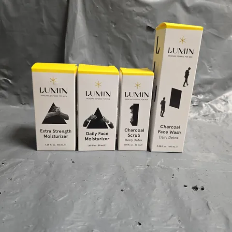 LUMIN LOT OF 4 ASSORTED SKINCARE PRODUCTS TO INCLUDE - DAILY FACE MOISTURIZER - CHARCOAL SCRUB - CHARCOAL FACE WASH