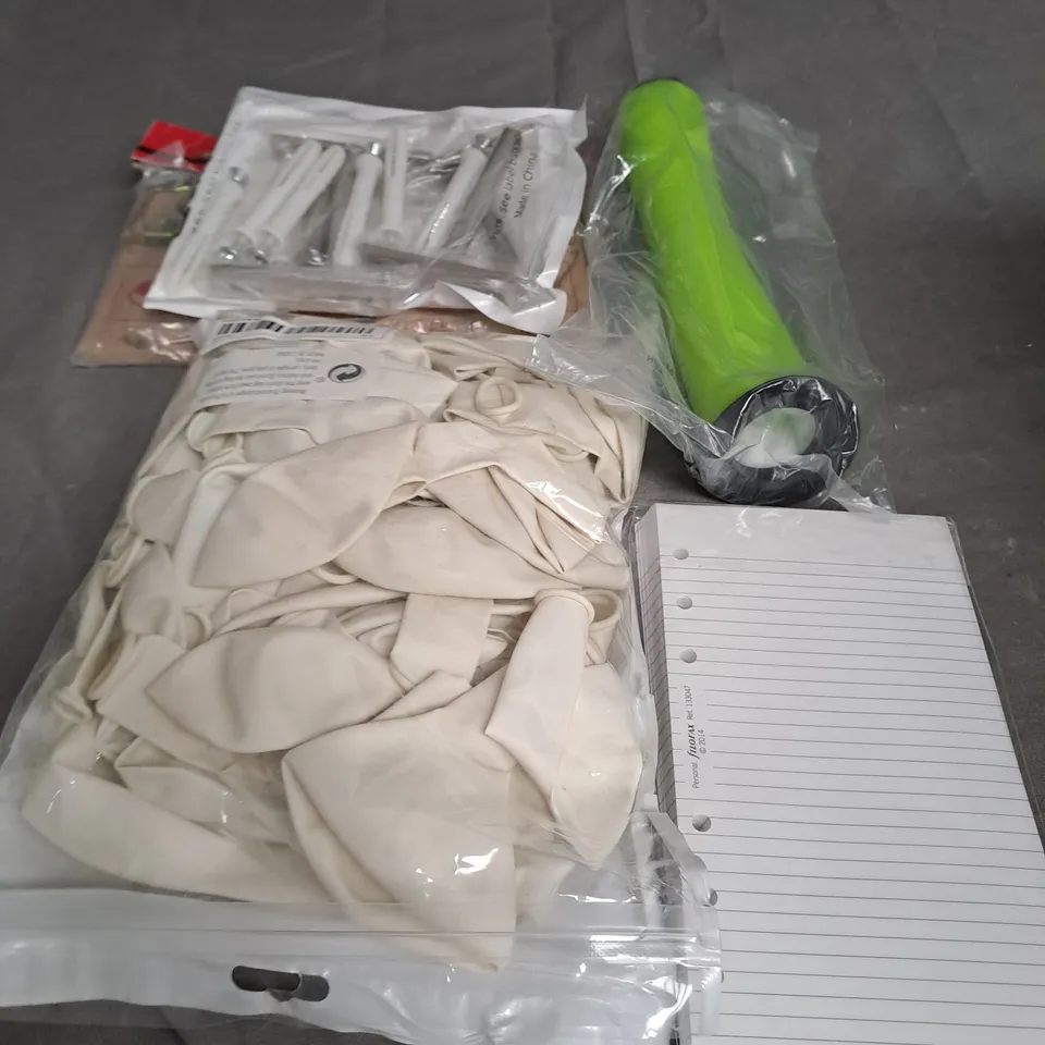 TOTE OF APPROX 20 HOUSEHOLD ITEMS TOO INCLUDE BALLOONS , NOTEPADS , GREASE