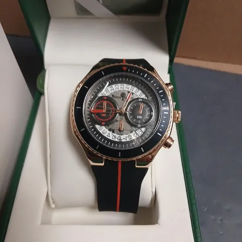 MANN EGERTON RAPTOR ROSE WHITE WATCH – ROSE GOLD TONE CASE, BLACK RUBBER STRAP WITH RED CENTRE STRIPE