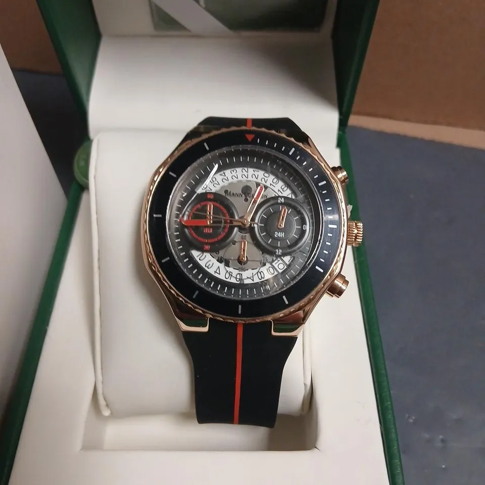 MANN EGERTON RAPTOR ROSE WHITE WATCH – ROSE GOLD TONE CASE, BLACK RUBBER STRAP WITH RED CENTRE STRIPE
