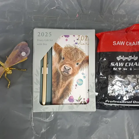 APPROXIMATELY 15 ASSORTED HOUSEHOLD ITEMS TO INCLUDE 2025 DIARY GIFT SET, SAW CHAIN, ETC