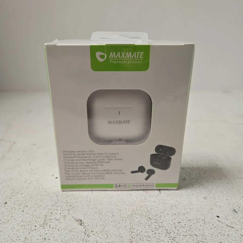 SEALED MAXMATE WIRELESS STEREO EARBUDS WITH CHARGING CASE – WHITE