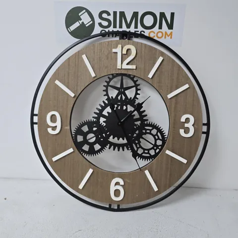 WOOD-EFFECT WALL CLOCK WITH EXPOSED GEARS – DECORATIVE INDUSTRIAL TIMEPIECE