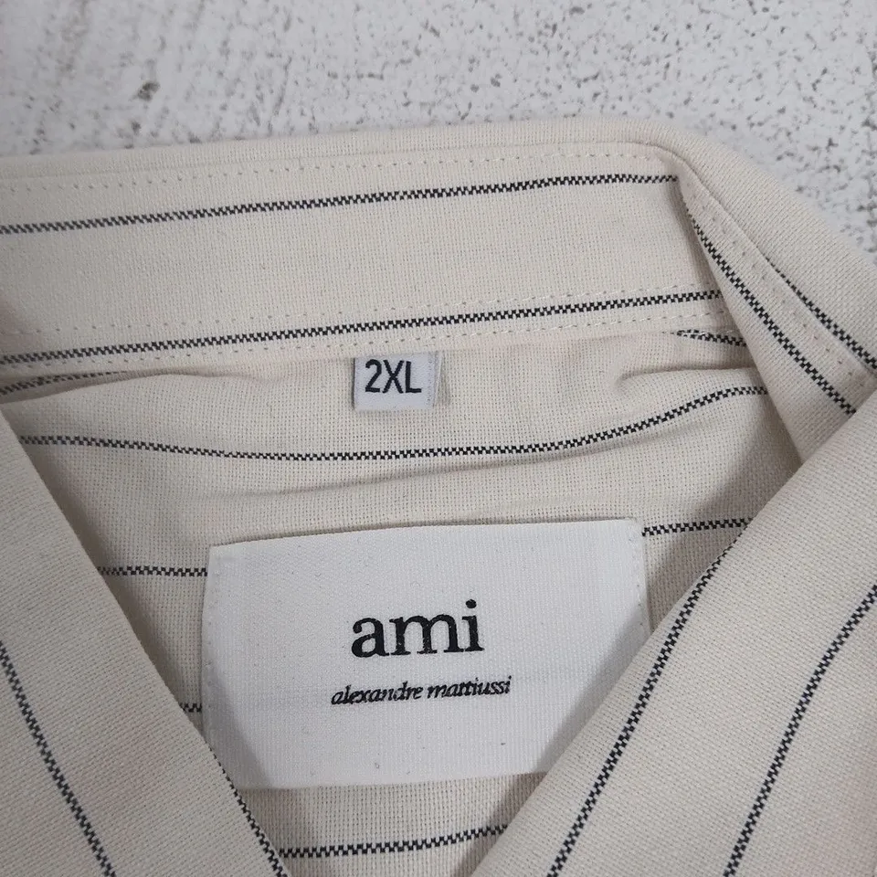 AMI ALEXANDRE MATTIUSSI STRIPED SHIRT – BEIGE & NAVY, SIZE 2XL