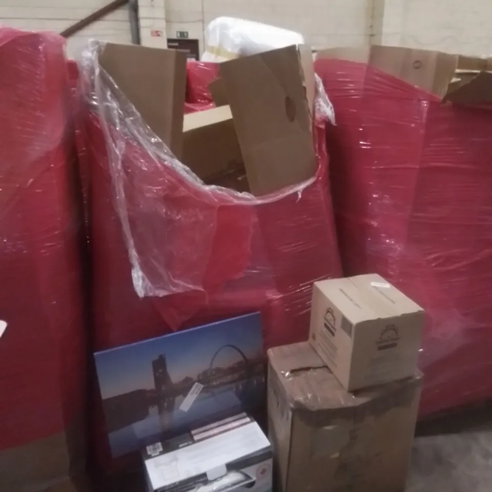 PALLET OF ASSORTED HOUSEHOLD GOODS AND FURNITURE TO INCLUDE; ERGONOMIC MESH OFFICE CHAIR, BABY UPBEAT, LONDON BRIDGE PAINTING ETC