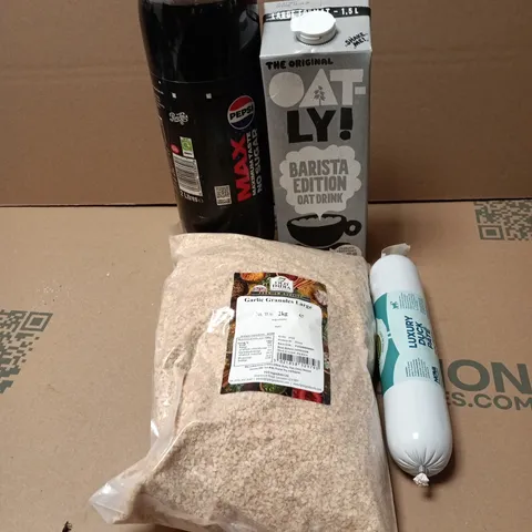 TOTE OF APPROXIMATELY 10 ASSORTED FOOD/DRINK ITEMS TO INCLUDE PEPSI MAX, DIET COLA, GARLIC GRANULES LARGE 2KG, LUXURY DUCK PATE ETC
