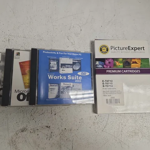BOX OF APPROXIMATELY 30 ASSORTED OFFICE AND ELECTRICAL ITEMS TO INCLUDE PICTURE EXPERT PREMIUM PRINTER CARTRIDGES, MICROSOFT OFFICE 97 PROFESSIONAL EDITION, ETC