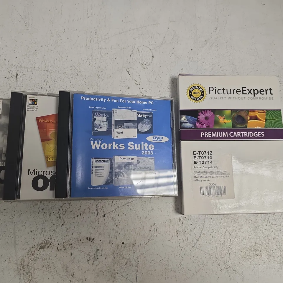 BOX OF APPROXIMATELY 30 ASSORTED OFFICE AND ELECTRICAL ITEMS TO INCLUDE PICTURE EXPERT PREMIUM PRINTER CARTRIDGES, MICROSOFT OFFICE 97 PROFESSIONAL EDITION, ETC