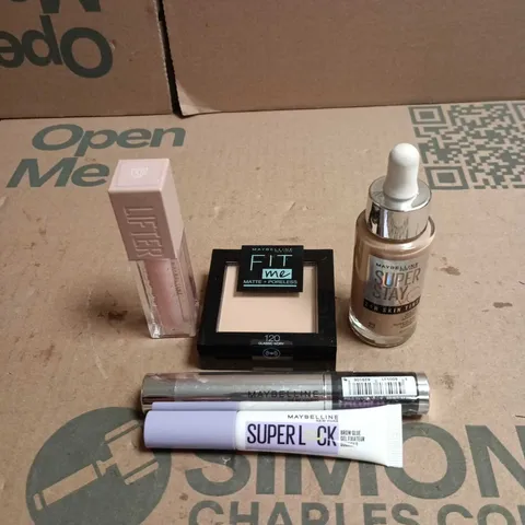 5 X ASSORTED MAYBELLINE COSMETIC ITEMS TO INCLUDE SUPER STAY 24HR SKIN TINT, LIFTER GLOSS ETC