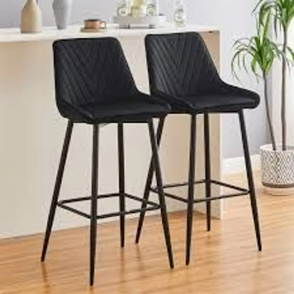 BOXED MODERN KITCHEN BAR STOOLS SET OF 2 WITH SOFT VELVET SEAT IN BLACK