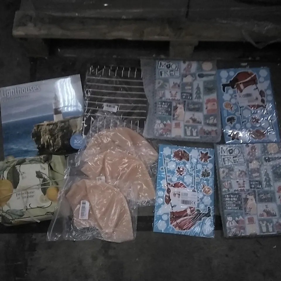 PALLET OF ASSORTED ITEMS INCLUDING 2022 CALENDAR REEFS CALENDAR, 2022 LIGHTHOUSES CALENDAR, BALD CAPS, VIRGINIA PANETTONE AL LIMONENE, CHRISTMAS WINDOW STICKERS, 2022 GOLDEN RETRIEVER PUPPIES 