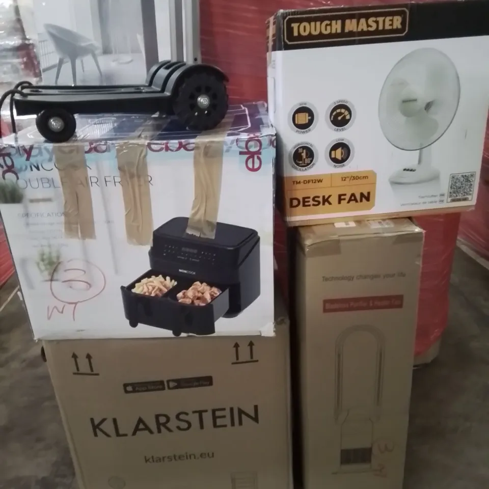 PALLET OF MIXED BOXED HOUSEHOLD ITEMS TO INCLUDE; FANS, AIR FRYER, TROLLEY, MIRROR TILES ETC.