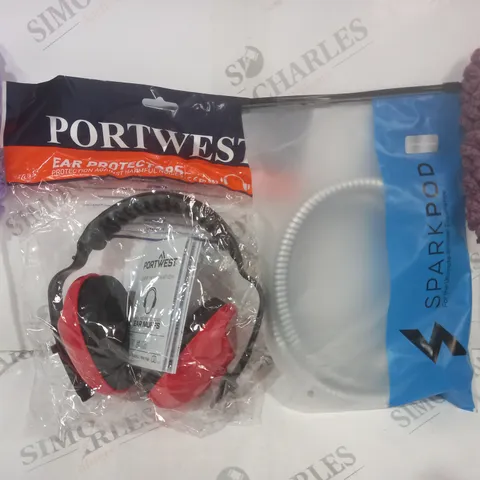 BOX OF APPROXIMATELY 20 ASSORTED HOUSEHOLD ITEMS TO INCLUDE HOSE FOR SHOWER HEAD, PROTECTIVE EAR MUFFS, ETC