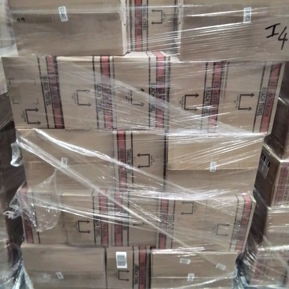 PALLET CONTAINING APPROXIMATELY 50 6-PACK BOXES OF BRAND NEW SUMMER THEMED BEACH TOWELS 