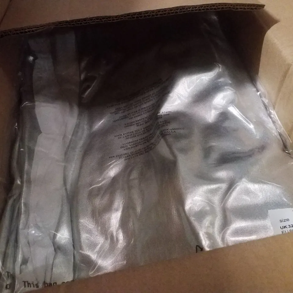 BOX CONTAINING APPROXIMATELY 6 BRAND NEW JD WILLIAMS SILVER PU STRAIGHT TROUSERS - SIZE 32