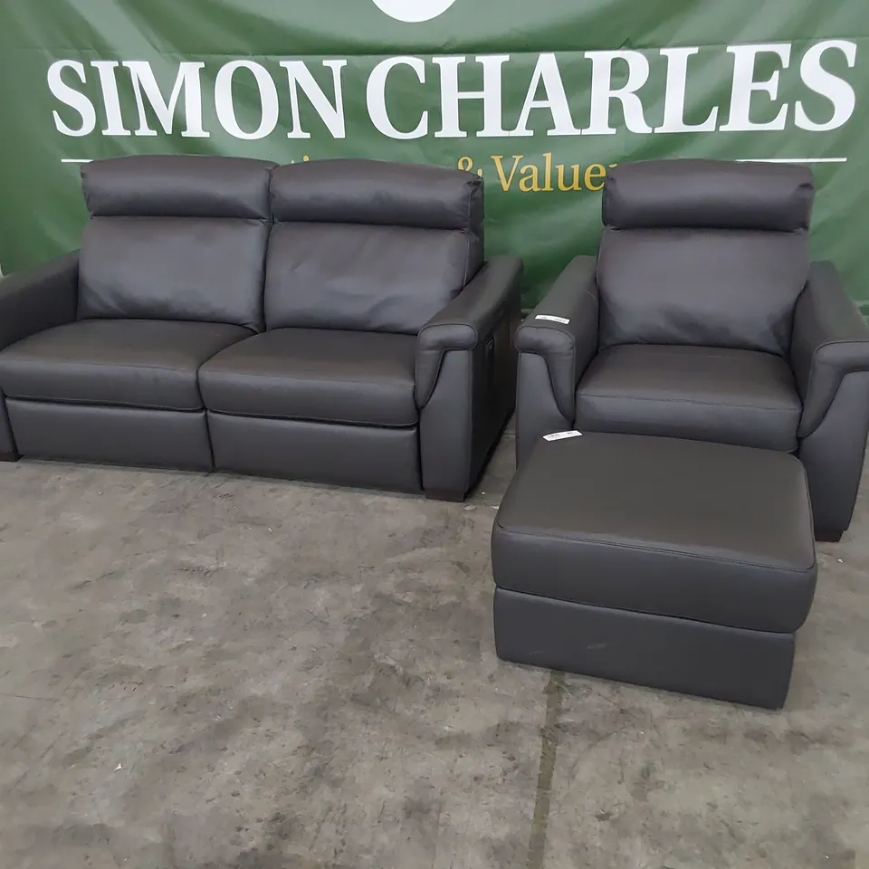 QUALITY ITALIAN DESIGNER ADRIANO LOUNGE SUITE, COMPRISING POWER RECLINING THREE SEATER SOFA, EASY CHAIR & STORAGE FOOTSTOOL