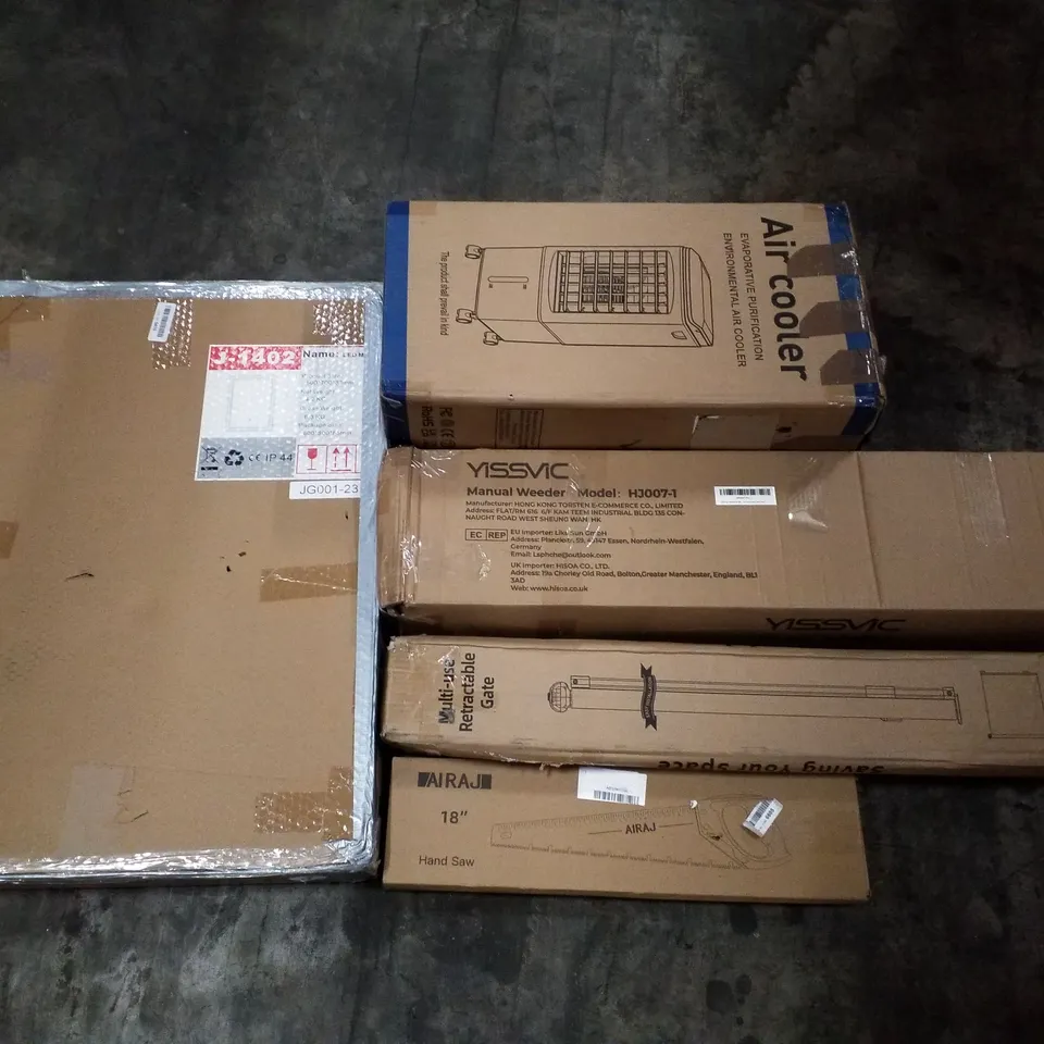 PALLET OF ASSORTED PRODUCTS INCLUDING AIR COOLER, MANUAL WEEDER, MULTI-USE RETRACTABLE GATE, 18" HAND SAW, LED MIRROR 