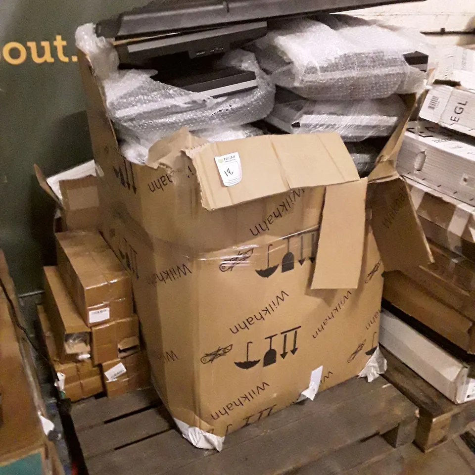 PALLET OF ASSORTED ITEMS INCLUDING MONITORS, WOODEN CHOPSTICKS, DISPLAY EASELS & TV 