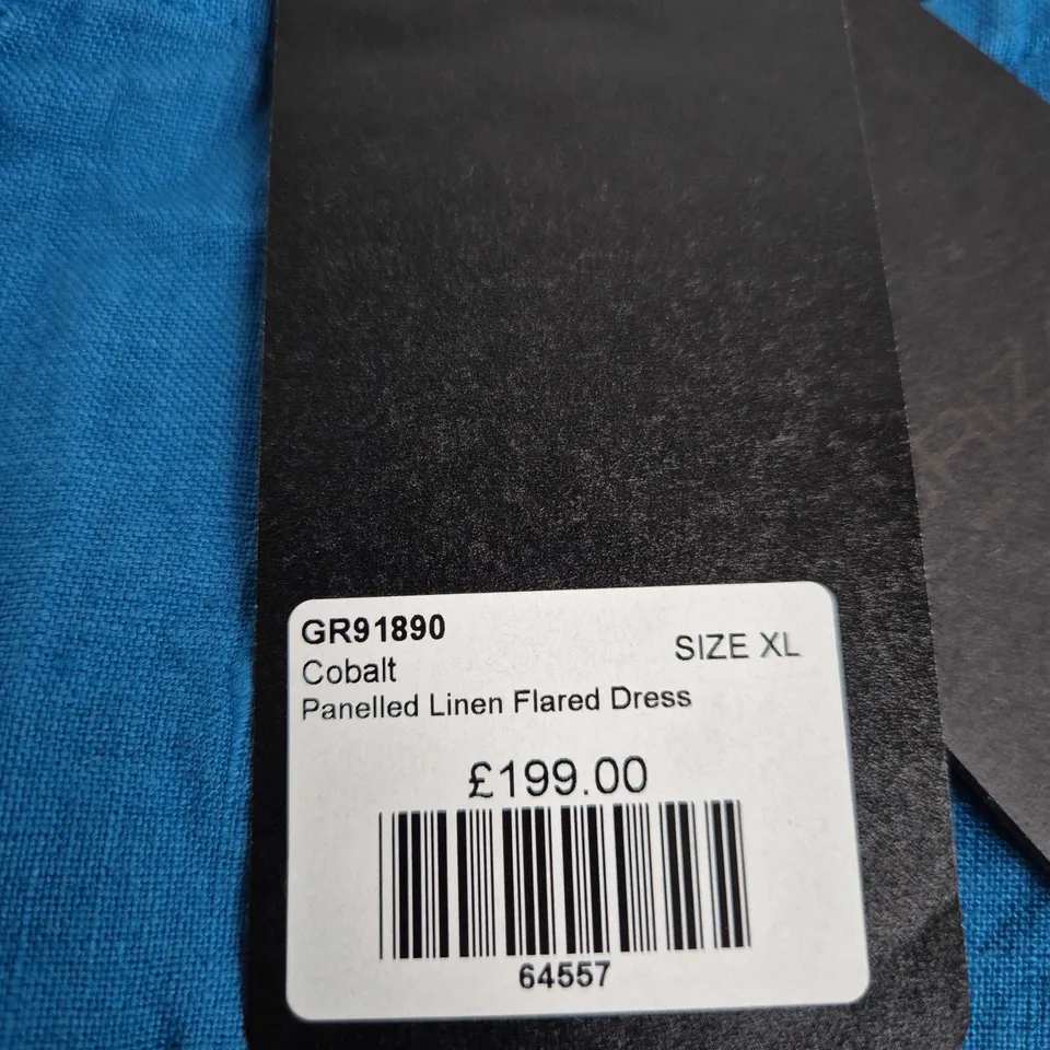 GRIZAS PANELLED LINEN FLARED DRESS – COBALT BLUE – SIZE XL