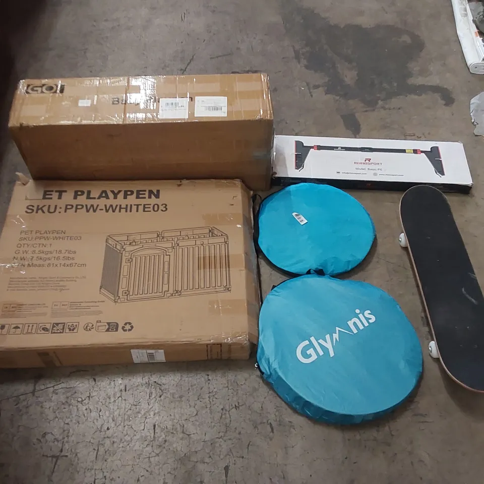 PALLET OF ASSORTED ITEMS INCLUDING: PET PLAYPEN, BABY PLAYPEN, POP-UP TENTS, PULL-UP BAR, SKATEBOARD ECT