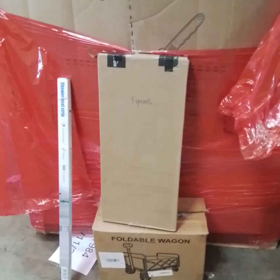 PALLET OF ASSORTED HOUSEHOLD GOODS AND PRODUCTS TO INCLUDE;BOOK RACK,FOLDABLE WAGON,SHOWER SEAL STRIP
